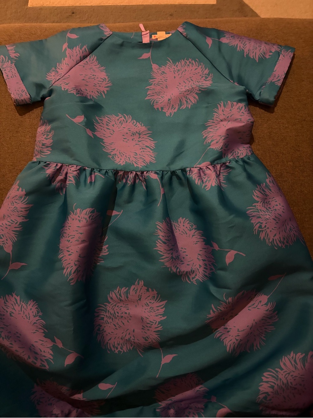 Crewcuts Teal Satin Dress with Pink Floral Motif